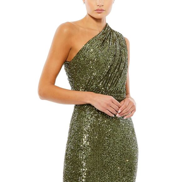 Ieena for Mac Duggal Women's Olive Sequins One-Shoulder Ruched Gown Dress Size 4 - Picture 3 of 8